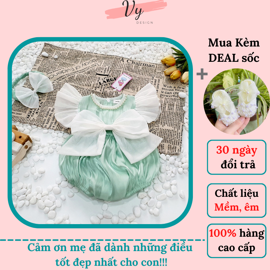 Body Bé Gái Xanh Ngọc VY DESIGN. Body Váy Bé Gái Thiết Kế Cao Cấp Kèm Phụ Kiện, Body Thiết Kế Cho Bé, Đầm Đầy Tháng