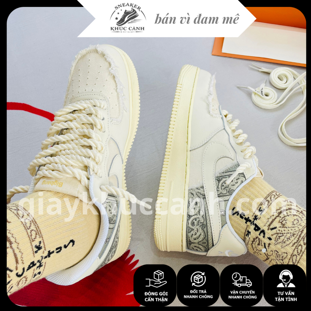 Giày af1 dây thừng họa tiết Paisley màu kem, sneaker thổ cẩm bigbang nam nữ full bill box hang SC | Giày Khúc Cảnh |