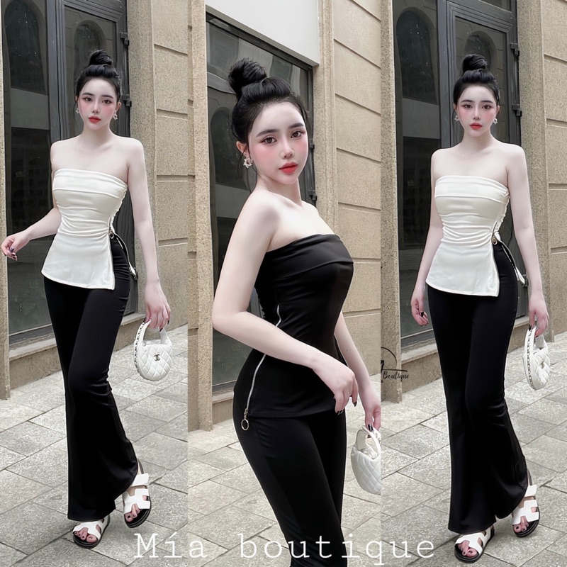 Sét áo khoá kéo sườn siêu chất kèm quần áo loe tôn dáng