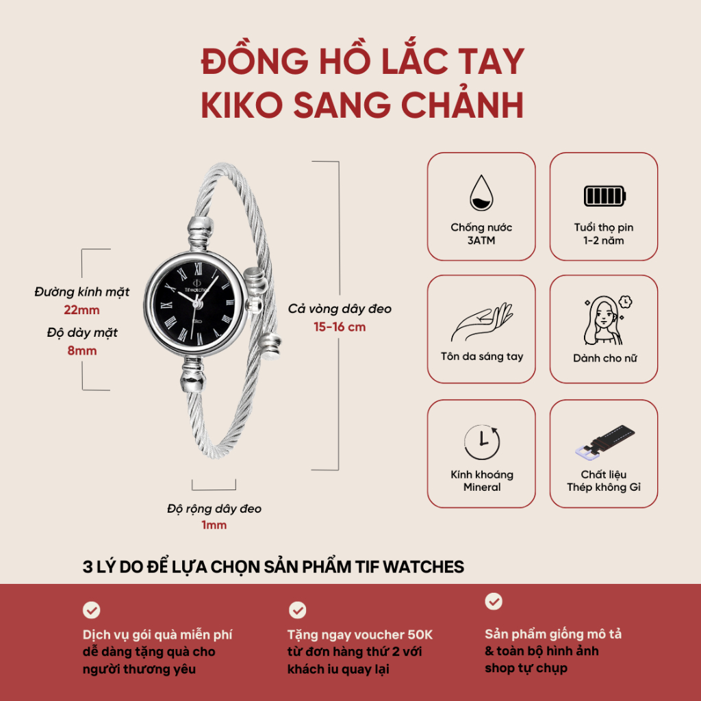 Đồng hồ nữ lắc tay mặt nhỏ KIKO Tif Watches sang trọng ôm tay phong cách Hàn Quốc bền đẹp giá rẻ size 22mm