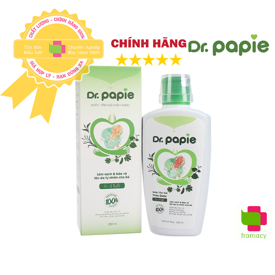 Nước tắm thảo dược Dr. Papie, Việt Nam (230ml) giúp ngăn ngừa và giảm rôm sảy, hăm tã, mẩn ngứa cho bé