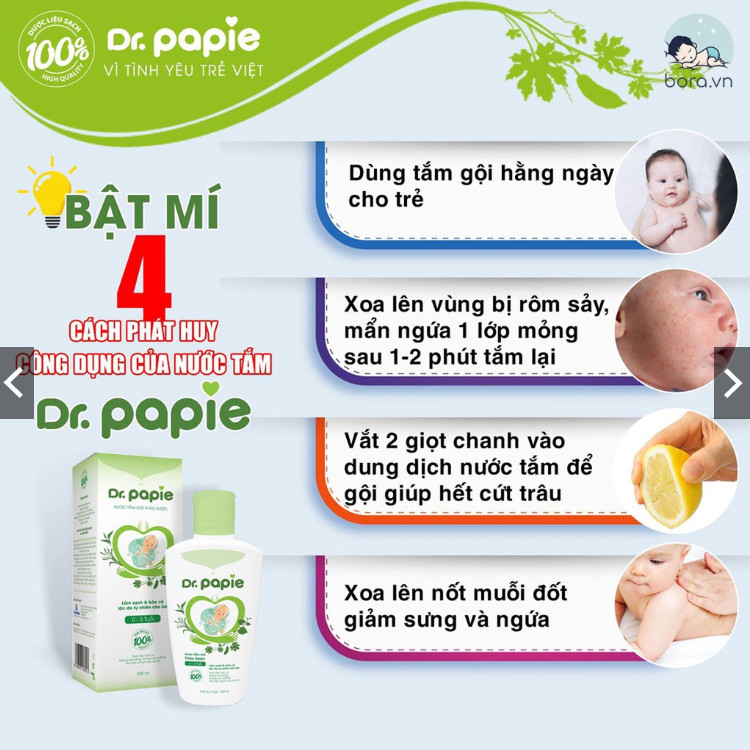 Nước tắm thảo dược Dr. Papie, Việt Nam (230ml) giúp ngăn ngừa và giảm rôm sảy, hăm tã, mẩn ngứa cho bé