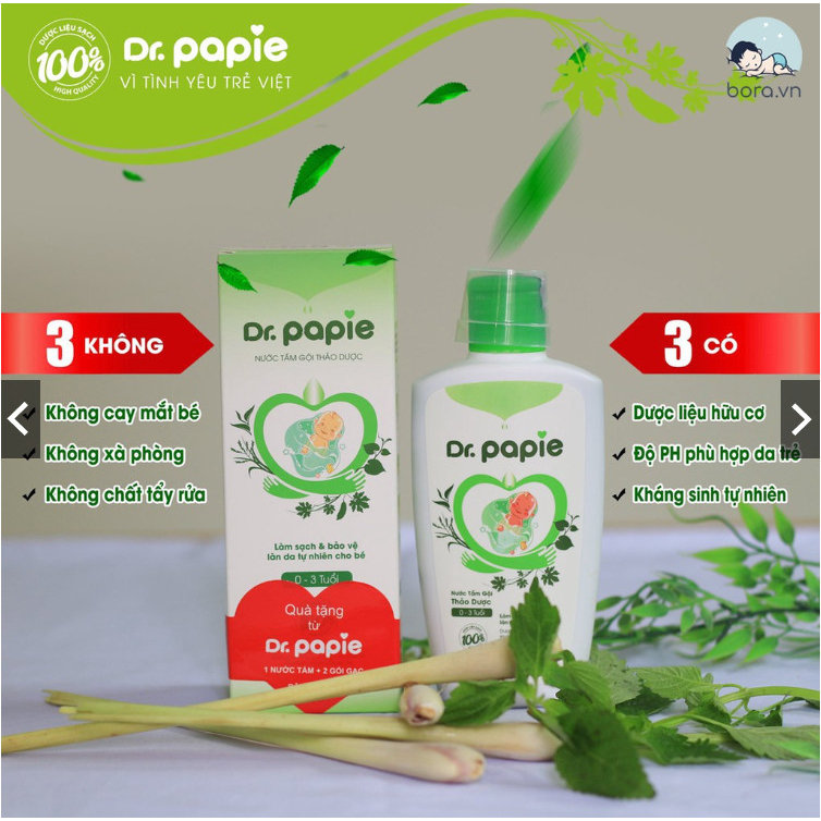 Nước tắm thảo dược Dr. Papie, Việt Nam (230ml) giúp ngăn ngừa và giảm rôm sảy, hăm tã, mẩn ngứa cho bé