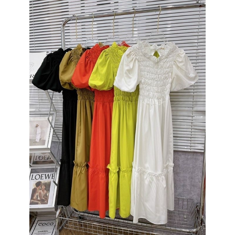 Đầm midi nhún tay phồng (còn bơ)