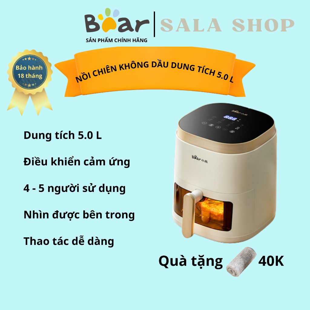 Nồi chiên không dầu Bear QZG-F15E3, 5L, chính hãng, nướng thịt, nướng bánh mì, quay thực phẩm, nồi c