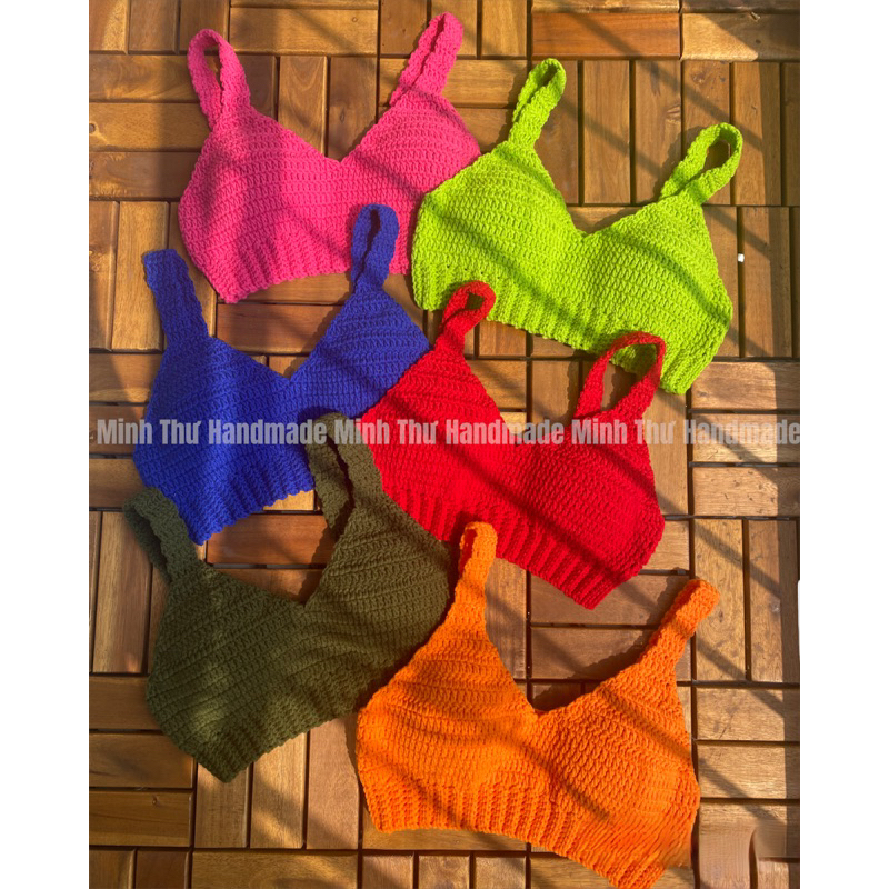 (handmade) Áo 2 dây croptop bo ngực len đan móc thủ công