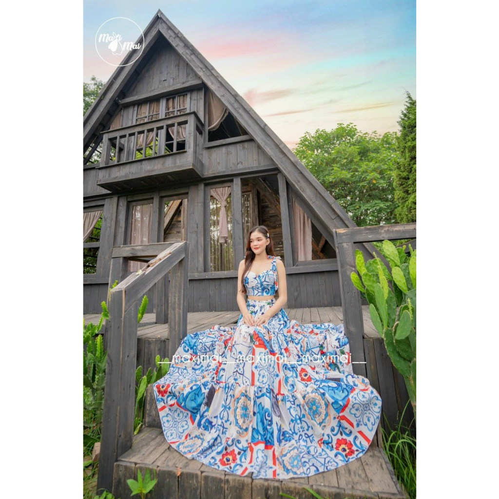 Set chân váy công chúa maxi voan dáng xòe mix áo croptop hai dây xinh xắn phù hợp đi chơi, dạ hội, đi biển