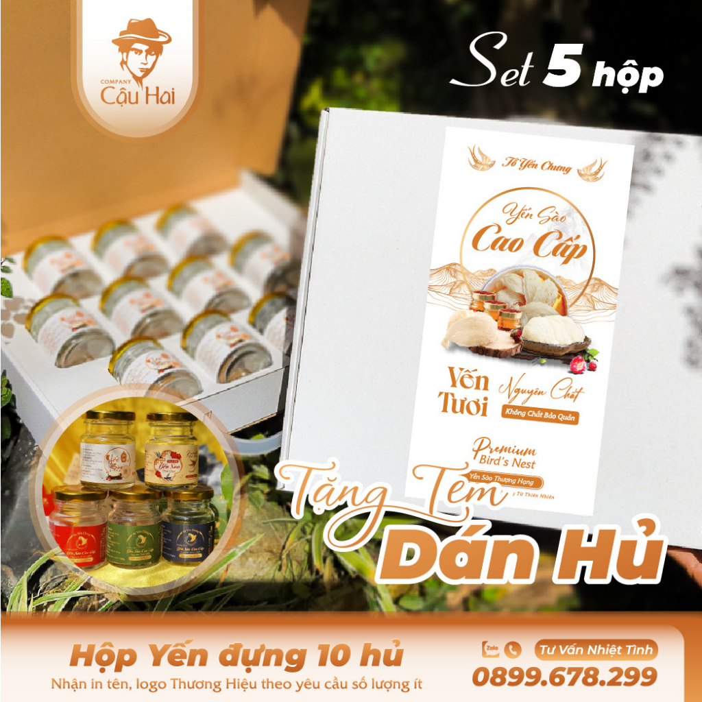 Set 5 hộp giấy đựng 10 hủ yến chưng cao cấp tặng kèm tem dán hủ yến