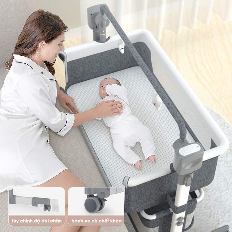 Nôi điện tự động kèm màn có thể ghép liền giường bố mẹ, nôi điện thông minh nâng hạ độ cao - MK035