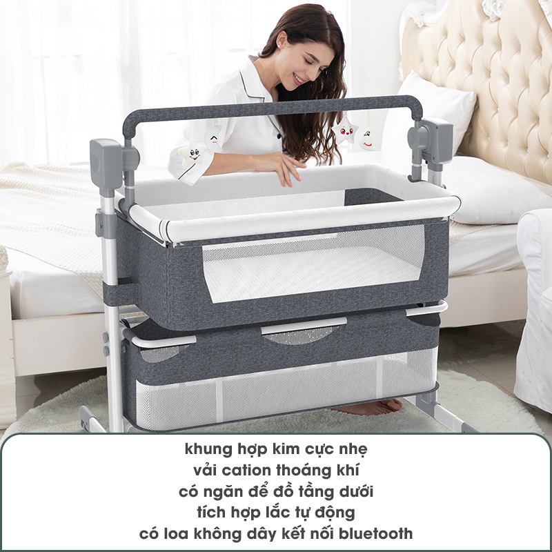 Nôi điện tự động kèm màn có thể ghép liền giường bố mẹ, nôi điện thông minh nâng hạ độ cao - MK035