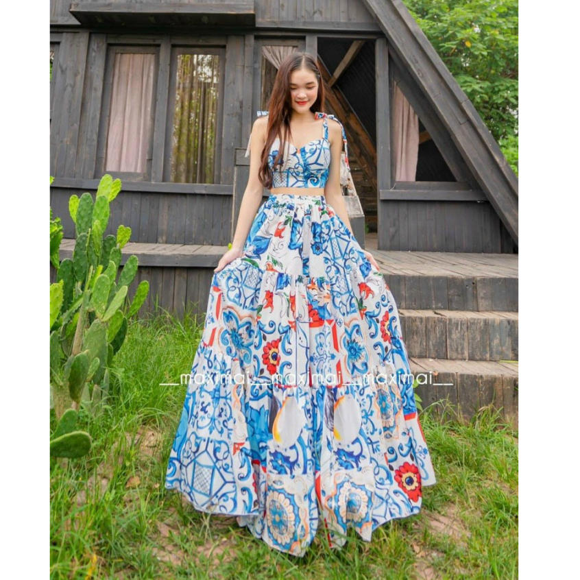Set chân váy công chúa maxi voan dáng xòe mix áo croptop hai dây xinh xắn phù hợp đi chơi, dạ hội, đi biển