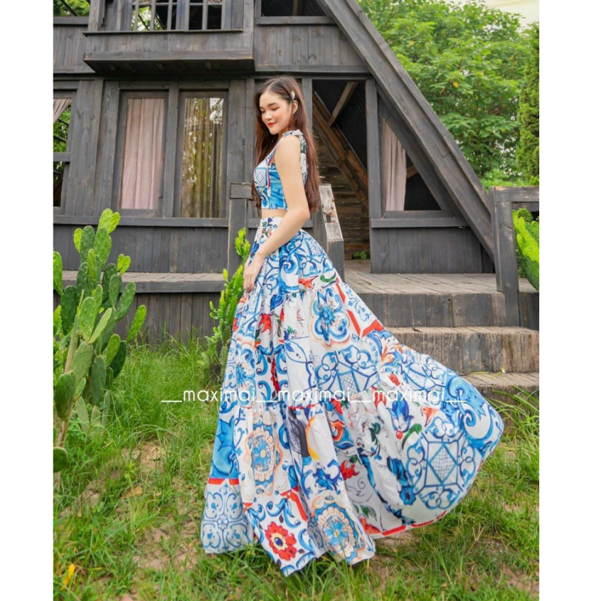Set chân váy công chúa maxi voan dáng xòe mix áo croptop hai dây xinh xắn phù hợp đi chơi, dạ hội, đi biển