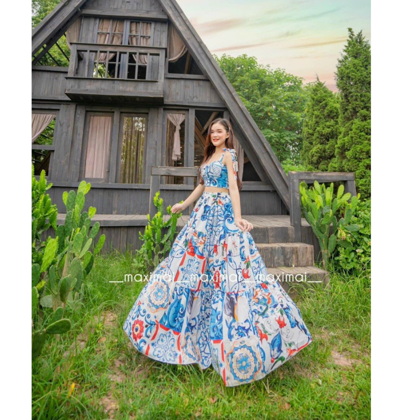 Set chân váy công chúa maxi voan dáng xòe mix áo croptop hai dây xinh xắn phù hợp đi chơi, dạ hội, đi biển
