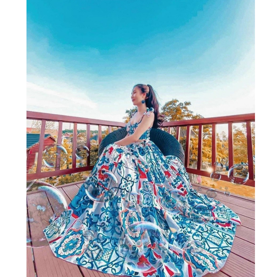 Set chân váy công chúa maxi voan dáng xòe mix áo croptop hai dây xinh xắn phù hợp đi chơi, dạ hội, đi biển