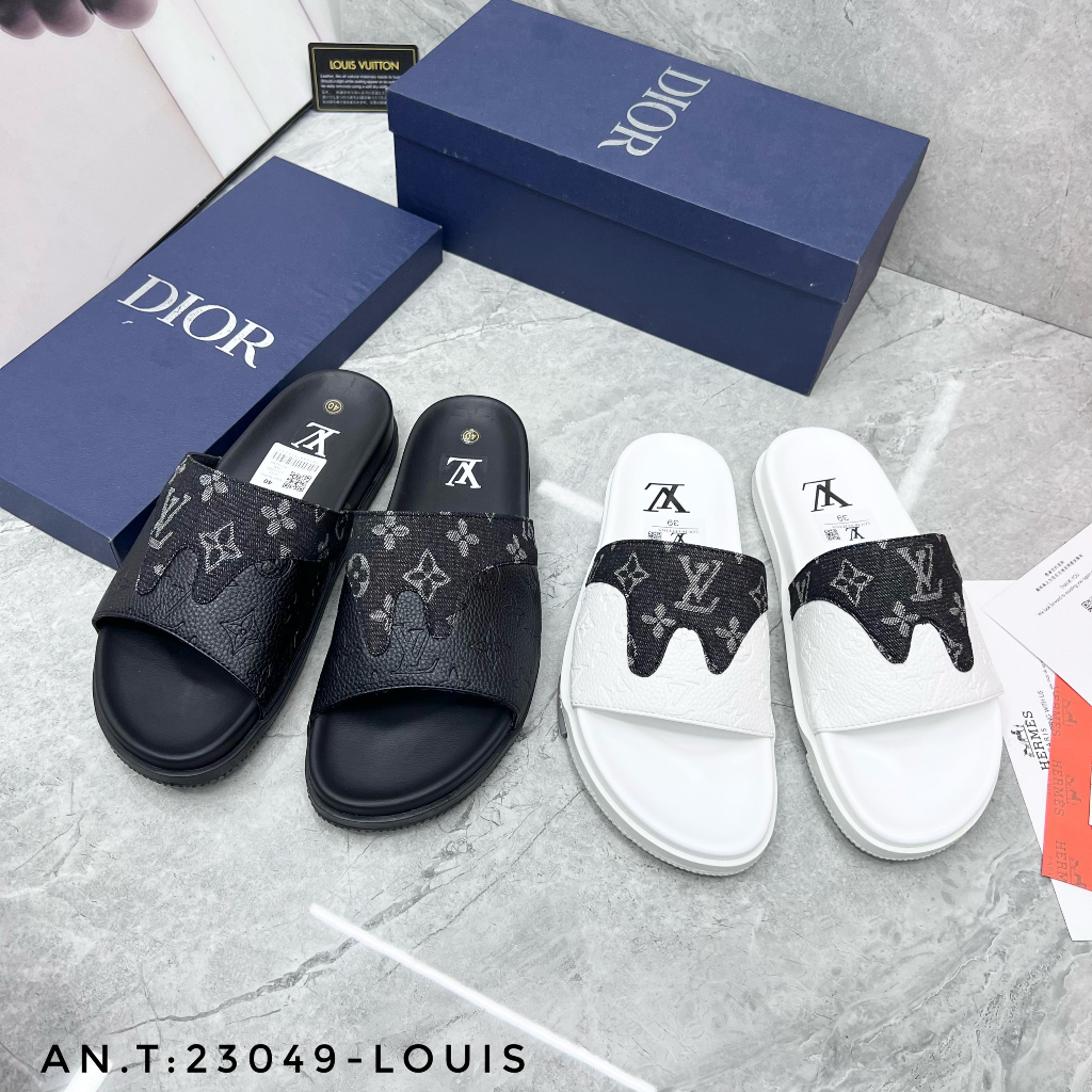 Dép quai ngang nam LV cao su cao cấp_Dép lê nam LV đế cao quai da pha vải 2023 - Giá Sốc