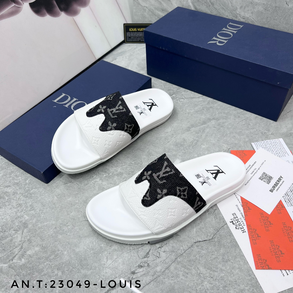 Dép quai ngang nam LV cao su cao cấp_Dép lê nam LV đế cao quai da pha vải 2023 - Giá Sốc