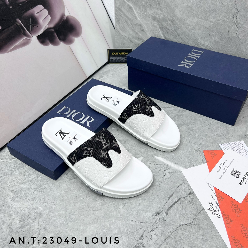 Dép quai ngang nam LV cao su cao cấp_Dép lê nam LV đế cao quai da pha vải 2023 - Giá Sốc