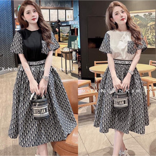 Set áo thun Di.or mix chân váy dài loang Set bộ Ulzzang bộ áo váy túi ngực cực xinh