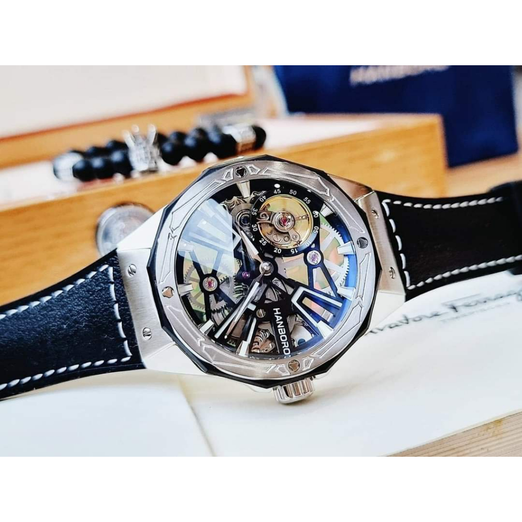 Đồng Hồ Cơ Nam Hanboro Chính Hãng,Size:42mm Full Box,Lộ Cơ Với Thiết Kế Trẻ Trung,Cá Tính