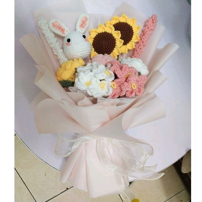 Bó hoa len dệt kim 10 bông gói sẵn kèm túi đựng handmade làm quà tặng ngọt ngào ngày valentime, 8/3, 20/10 cho bạn gái