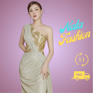 Đầm dạ hội sang trọng, đầm dự tiệc dáng dài, đầm lệch vai kim tuyến phối ren