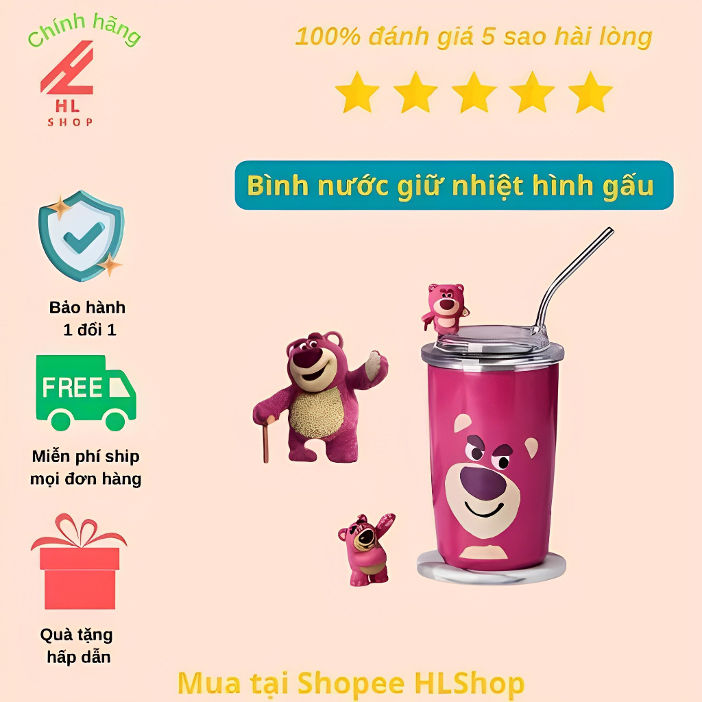 Ly Giữ Nhiệt Gấu Dâu Dễ Thương Lotso, Cốc Hoạt Hình Hồng Inox Cao Cấp Tặng Kèm Ống Hút Dung Tích 450Ml