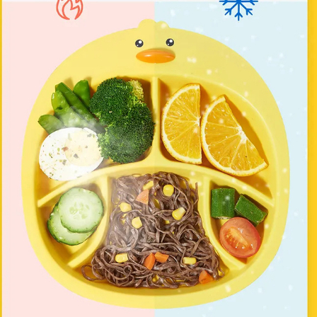 Khay ăn dặm cho bé vịt con dễ thương nhựa PP 5 ngăn kèm muỗng nĩa 6648