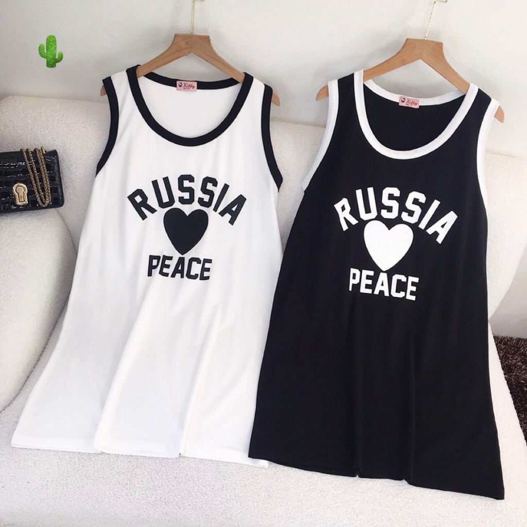 Đầm thun ba lỗ cotton viền màu chữ russiaa hot 2 màu đen trắng xinh năng động