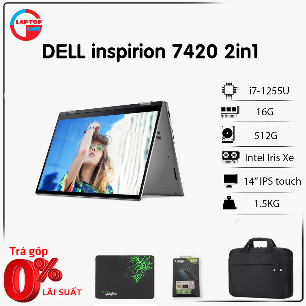 Laptop cảm ứng Dell Inspiron 7420 2 in 1 (Core i7-1255U, 16GB, 512GB, Iris Xe Graphics, 14" FHD+, Touch)