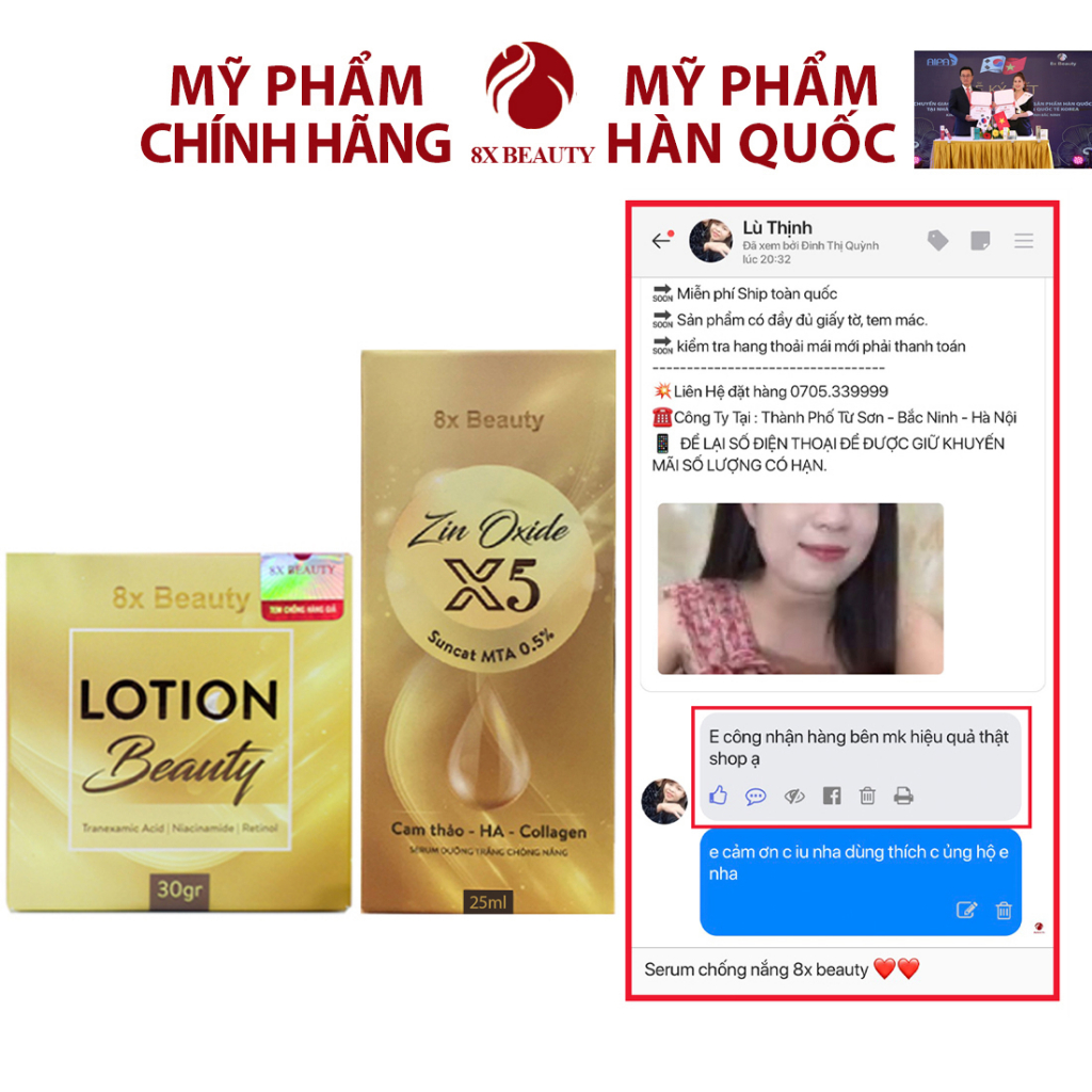 Kem Dưỡng Ẩm Da Mặt Lotion Dưỡng Trắng, Mờ Nám 8x Beauty 30gr Chống Nắng Che Khuyết Điểm Zin Oxide X5 25ml