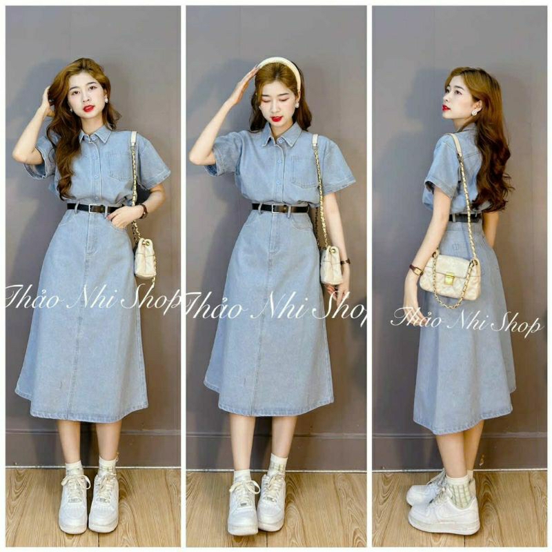 Set bộ thời trang nữ đi chơi chất jean cổ áo sơ mi tay ngắn có túi dây thắt nịt bo eo dáng váy maxi dài xòe