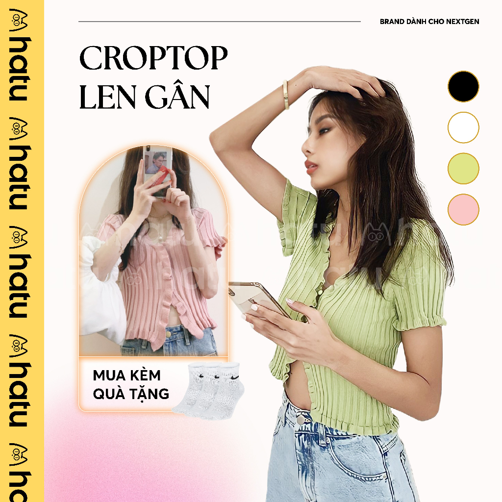 Áo Croptop Tiểu Thư Cổ V - Ngắn Tay, Phối Bèo, Cúc Ngọc - Phong Cách Dễ Thương - Hàng Quảng Châu - HATU