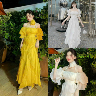 Đầm maxi trễ vai kèm hoa duyên dáng, quyến dũ cho nàng đi chơi, đi biển