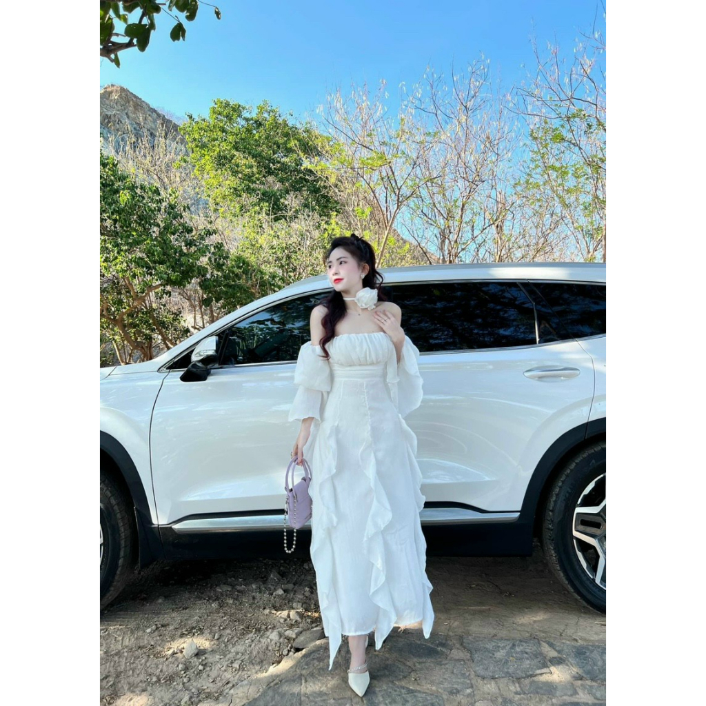 Đầm maxi trễ vai kèm hoa duyên dáng, quyến dũ cho nàng đi chơi, đi biển