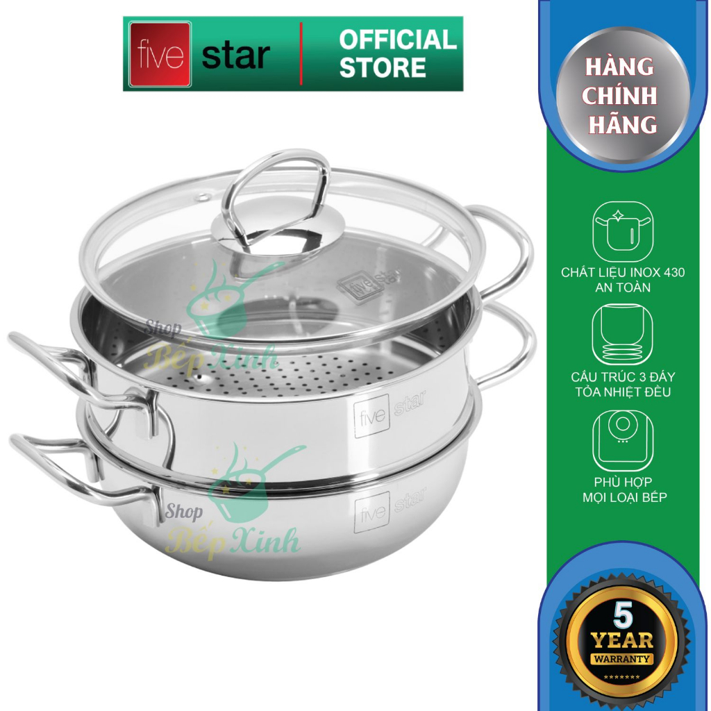 Nồi lẩu xửng hấp FIVESTAR 3 đáy từ nắp kính ( 24cm / 26cm / 28cm )