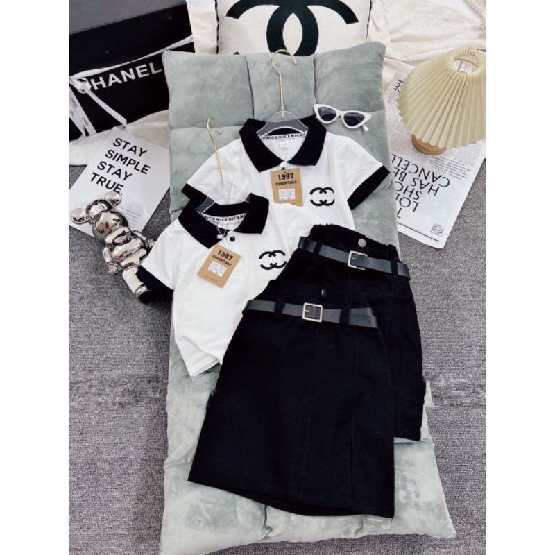 Set áo  và váy jean kèm thắt lưng sang chảnh bé gái