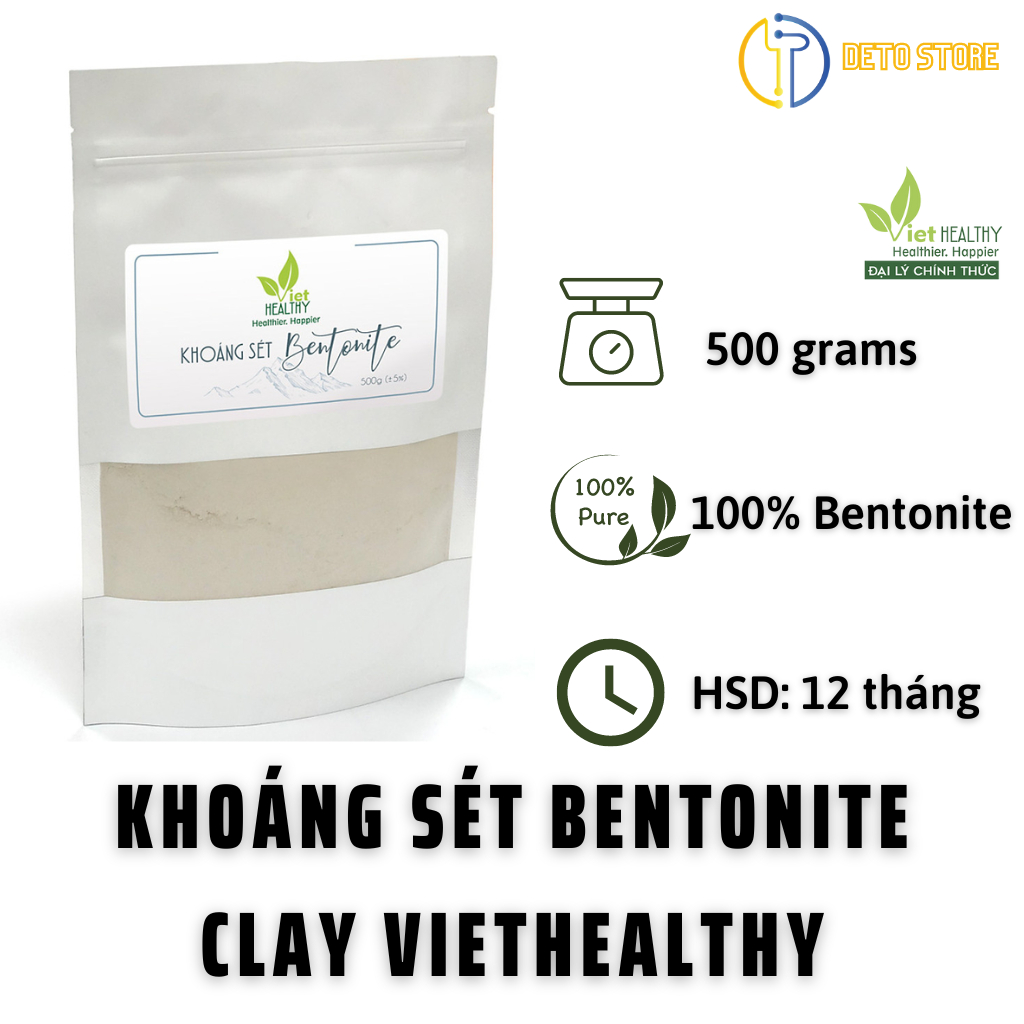 Khoáng Sét Bentonite Clay Viet Healthy Thải Kim Loại Nặng, Làm Mặt Nạ Đất Sét Sáng Da Sạch Mụn, Làm Sạch Tiêu Hóa