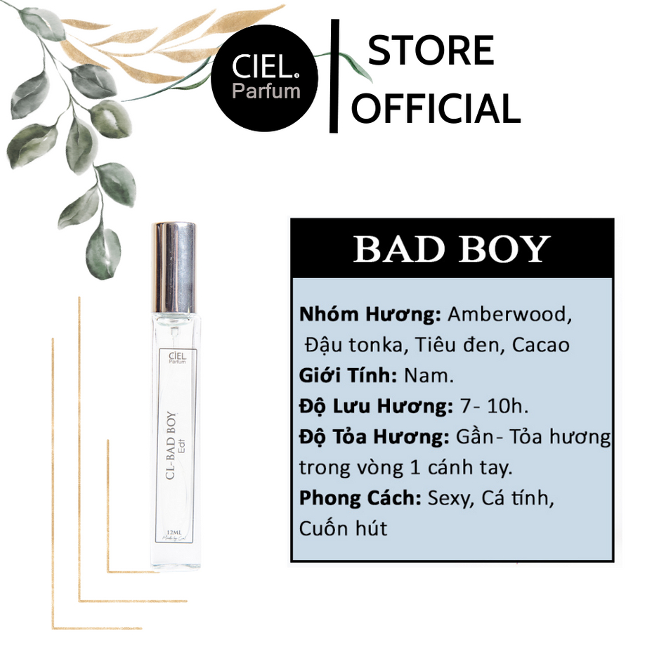 Nước hoa nam CL BAD BOY Edt chính hãng CIEL Parfum 12ml phong cách sexy, cá tính, cuốn hút