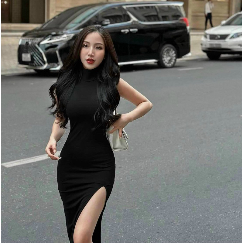Đầm body thun gân xẻ đùi cổ cao siêu tôn dáng TRIPBLE T DRESS - Free size đến 55kg - MS16HD