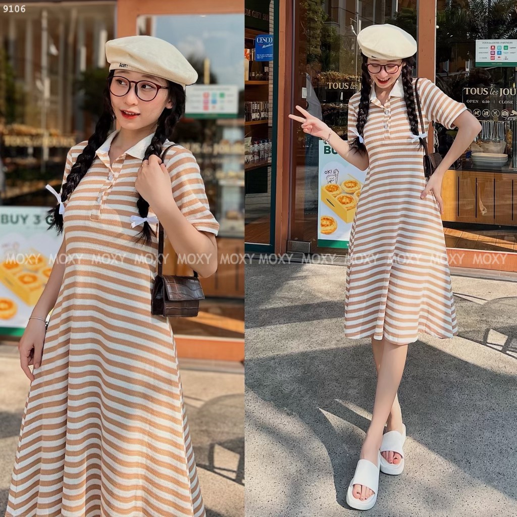 SP009106-Đầm polo sọc maxi