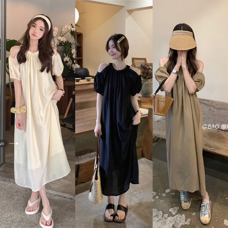 Váy Đầm Nữ Maxi Hở Vai Cổ Yếm Phối Voan Bồng (ẢNH THẬT+VIDEO)