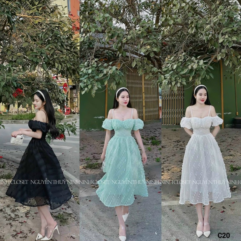 Đầm xoè rớt vai chất xốp hoa nổi TRIPBLE T DRESS - Free size dưới 54kg - MS15HD