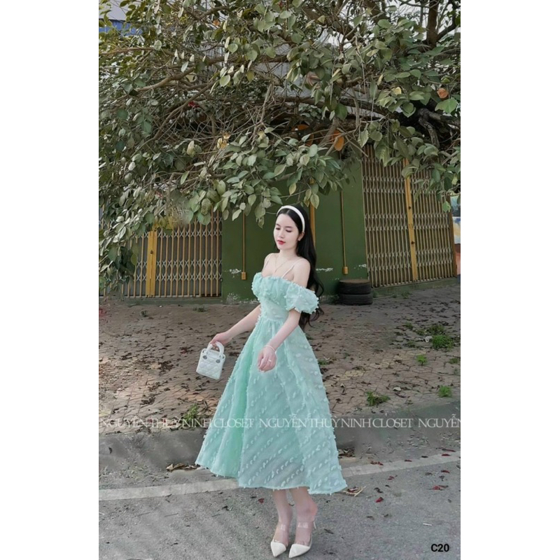 Đầm xoè rớt vai chất xốp hoa nổi TRIPBLE T DRESS - Free size dưới 54kg - MS15HD