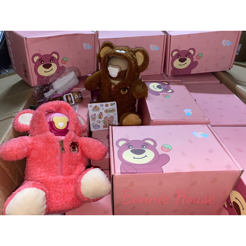 HÀNG CÓ SẴN Bình nước giữ nhiệt Losto gấu dâu 450ml tặng kèm túi gấu lông