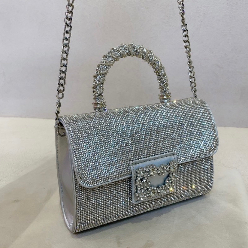 🌺ORDER 🌺Túi xách quai cầm kim loại đá bạc & denim size 19,5 cm