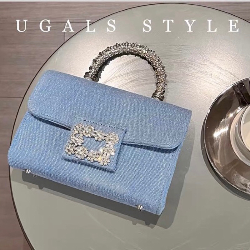 🌺ORDER 🌺Túi xách quai cầm kim loại đá bạc & denim size 19,5 cm