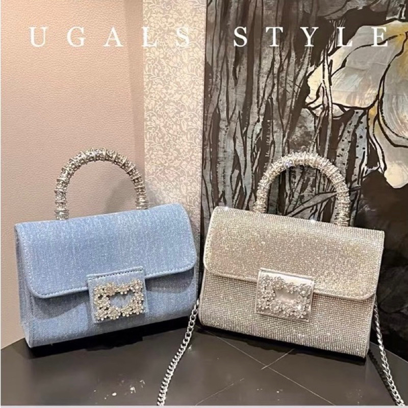 🌺ORDER 🌺Túi xách quai cầm kim loại đá bạc & denim size 19,5 cm