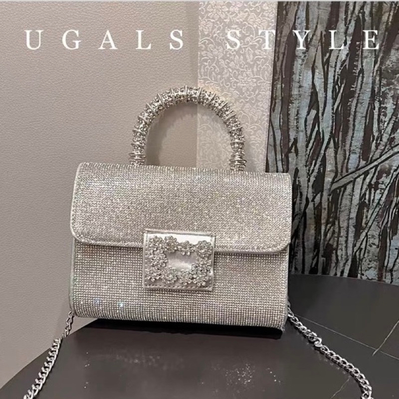 🌺ORDER 🌺Túi xách quai cầm kim loại đá bạc & denim size 19,5 cm