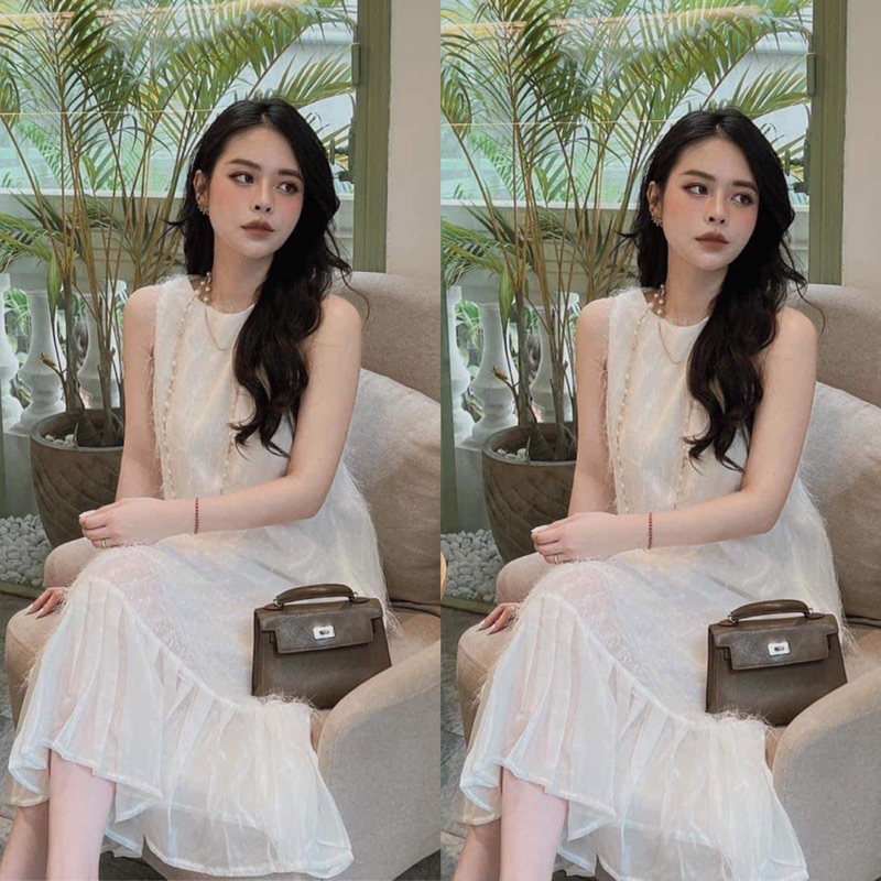 Đầm suông, váy sat nách tơ lông hai lớp đuôi cá dáng dài dạo biển sang chảnh