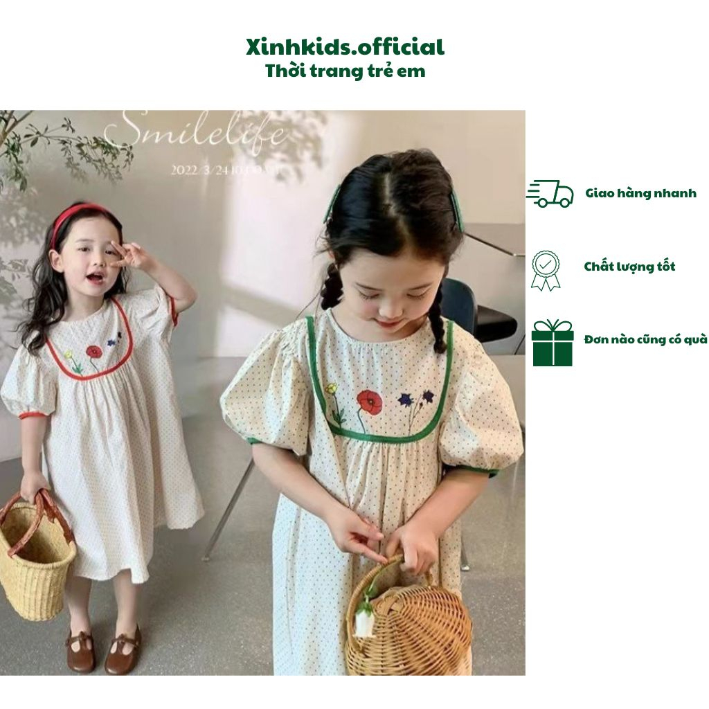 Váy hoa cho bé gái mùa hè phong cách Hàn Quốc chất cotton mát lạnh, váy chấm bi cho bé gái siêu xinh.